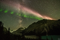 Sub Auroral Arc intersecting with Milky Way at Peyto Wolf Lake Alberta  IG aurorachaseryyc