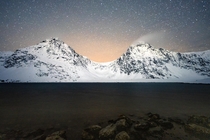 Suicide Peaks and Rabbit Lake at night Alaska 