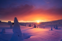 Sun rises over the snow in Norway 