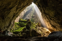 Sunbeam through the doline in Son Doong cave 
