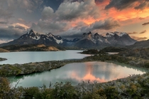 Sunrise on Cuernos del Paine and Lake Pehoe Chilean Patagonia 