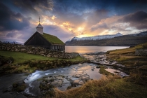 Sunrise over a little church on the Faroe Islands 
