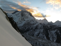 Sunrise over Everest and Makalu taken from Lobuche Easts summit ridge at around m 