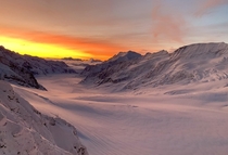 Sunrise over the Aletsch Glacier in Switzerland shot from the High Altitude Research Station on the Jungfraujoch 