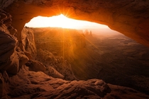 Sunrise through Mesa Arch in Canyonlands National Park Utah 
