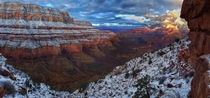 Sunrise view of the south rim from ONeil Butte right after the snow stopped in The Grand Canyon Arizona 