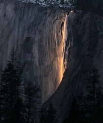 Sunset light makes water at Horsetail Falls look like fire California USA 