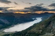 Sunset over Thirlmere on the descent from Helvellyn The Lake District 