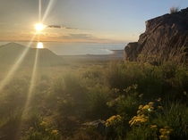 Sunset overlooking the shores of Antelope Island Great Salt Lake Utah 