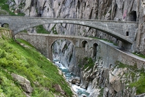 Teufelsbrcke Devils Bridge at the Gotthard Pass the currently used bridge from  over the first drivable bridge from  