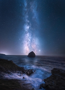 Thalassic Dream A  shot panoramic photo of Cape Kiwanda OR  Bluehour foreground blend with a three shot pano for the stars tracked at  seconds each