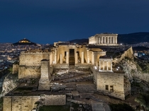 The Acropolis at night overlooking the city of Athens Greece