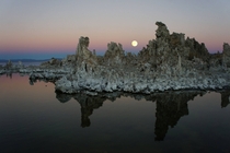 The alien world of eastern California- moon rises over Mono Lake 