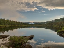The amazing view of Ethan Pond New Hampshire after an intense rain storm 