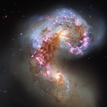 The Antennae galaxies colliding in a cosmic dance of death Taken from the NASA app