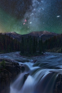 The Cassiopeia region behind a waterfall in Jasper National Park 
