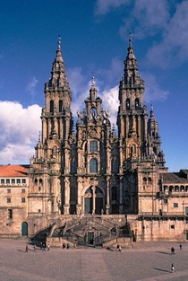 The Cathedral and the Plaza del Obradoiro - Santiago Spain - Constructed - and designed by Maestro Esteban Bernard the Elder Robertus Galperinus and Bernard the Younger - A Romanesque structure with later Gothic and Baroque additions