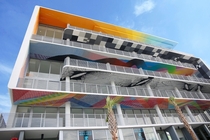 The ceilings above the balconies of this building are each painted so the art can be enjoyed by people on the street Located in the Wynwood Arts District in Miami Florida and designed by architectural firm DFA the owners expect to change the art every few