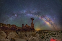 The central disk of the Milky Way Galaxy arches over Toadstool hoodoo rock formations in northern Arizona photo by David Lane amp Robert Gendler 