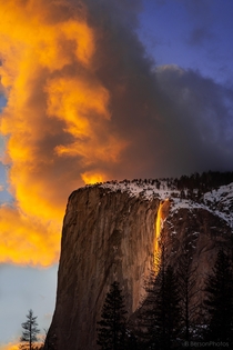 The clouds above Yosemite National Park competing against the elusive Firefall for the most brilliant display of light and color I was so lucky to witness this battle  - BersonPhotos