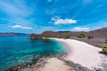 The crystal clear waters and Pink Sand Beach of Komodo Islands Indonesia The color is due to Foraminifera a microorganism that produces the pinkred color pigment on coral reefs When broken down the fragments mix with the white sand producing the color 
