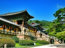 The facade of Bulguksa temple initially built in th century and restored Gyeongju South Korea 