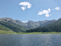 The Gore Range as seen from a canoe on Upper Piney Lake near Vail Colorado 