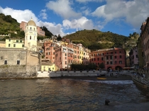 The harbour of Vernazza viewed from the breakwater - one of the cinque terre in Liguria Italy 
