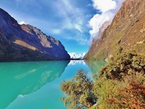 The incredibly blue waters of a lake near Huaraz Peru 