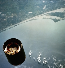 The INTELSAT VI F satellite photographed from the Space Shuttle Endeavor on its maiden flight STS-s mission was to capture and repair this communication satellite Cape Canaveral serves as the backdrop