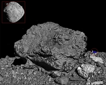 The largest boulder on the asteroid Bennu is so big it can be seen from Earth-based telescopes It is  feet wide x  feet high A human with a car for scale