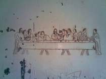 The Last Supper carved into the paint on a metal door in an abandoned jail circa s - I took the photograph before renovation 