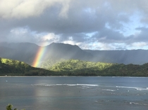 The light on the peaks of Princeville Kauai across Hanalei Bay 