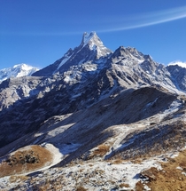 The magnificent view of Machhapuchhre Fish-Tail Mountain from the Mardi Mountain trekking trail in Nepal 