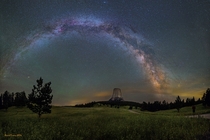 The Milky Way arching over Devils Tower in Wyoming Photo by David Lane 