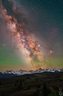 The Milky Way Jupiter Saturn and atmospheric airglow all captured in one image rising over the San Juan Mountains in Colorado 