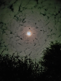 The moon casting a glowing aura onto the night clouds