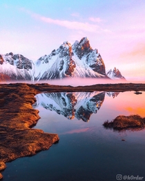 The most magical sunrise Ive ever experienced more photos amp videos in the comments - Vestrahorn Austur-Skaftafellsssla Southeast Iceland  - Instagram hrdur