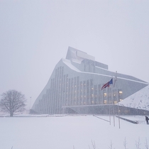 The National Library of Latvia in a snowstorm 