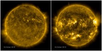 The picture on the left shows a calm sun from Oct  The right side from Oct  shows a much more active and varied solar atmosphere as the sun moves closer to peak solar activity known as solar maximum predicted for  