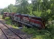 The remains of the iconic train wreck from the movie The Fugitive  left abandoned along a stretch of the Smokey Mountain Railroad in North Carolina
