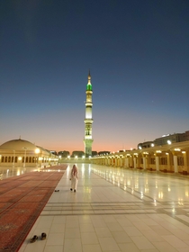 The roof of Masjid-Al-Nabwi Prophets Mosque moments before sunset Medina Saudi Arabia 