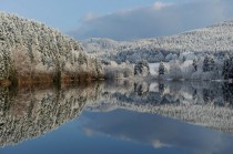 The snow-covered landscape is reflected in the lake near the northern German town of Sonnenberg 