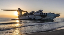 The soviet Lun-class ekranoplan Caspian Sea Monster abandoned on the beach after failed attempts of bringing it to a museum