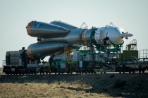 The Soyuz TMA-M spacecraft is rolled out by train to the Baikonur Cosmodrome launch pad Sunday May   in Kazakhstan 