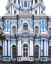 The striking blue and white entrance of Smolny Cathedral a th century Elizabethan Baroque style cathedral built as a part of the Smolny Convent complex in central Saint Petersburg Russia
