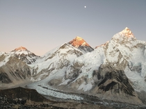 The sun setting against Everest from somewhere on Kala Patthar Nepal 