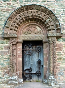 The th Century south door at the small church of St Mary and St David Kilpeck 