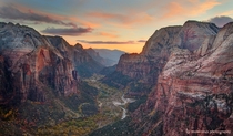 The view from Angels Landing Zion National Park at sunset 