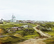 The Village of Kolchedan in Ural Mountains  Early color photograph from Russia created by Sergei Mikhailovich Prokudin-Gorskii as part of his work to document the Russian Empire from  to  